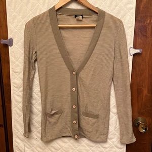 J. Crew Button-up Tan Striped Merino Wool Sweater